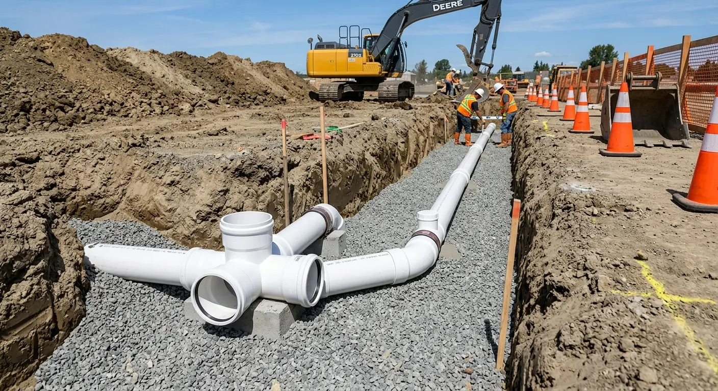 New PVC sewer pipe installation in open trench for Sewer Camera Inspection in Egelston
