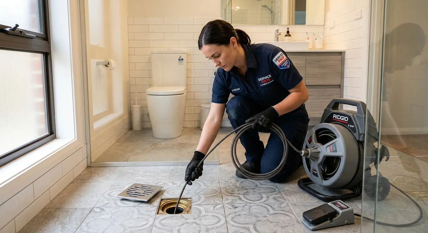 Technician clearing a bathroom floor drain for Drain Cleaning in Egelston